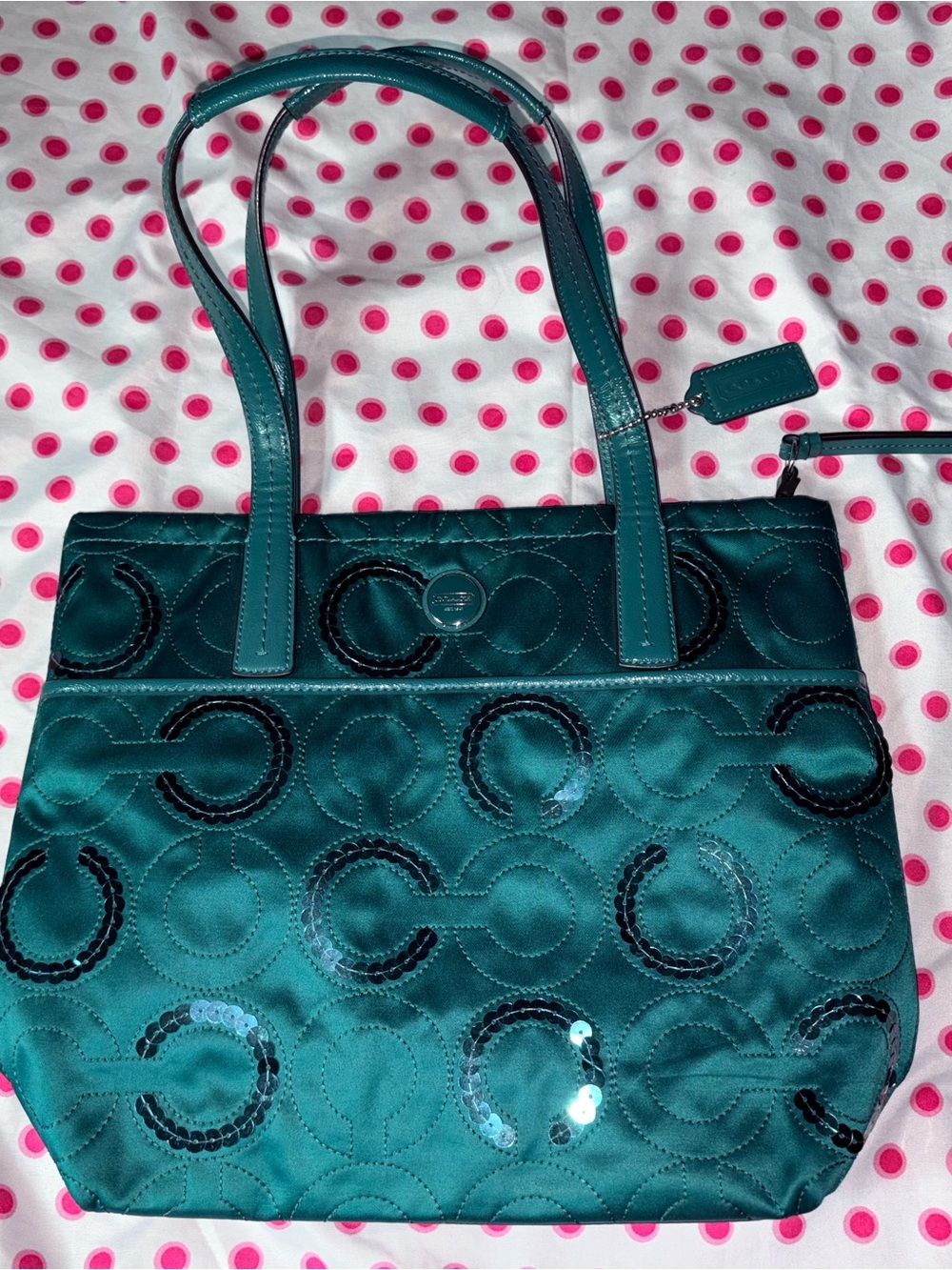 Coach Teal Quilted Circle Sequin Tote